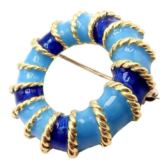 Rare! Vintage Tiffany & Co 18k Yellow Gold Blue Enamel Circle Rope Brooch Pin - Picture 7 of 13